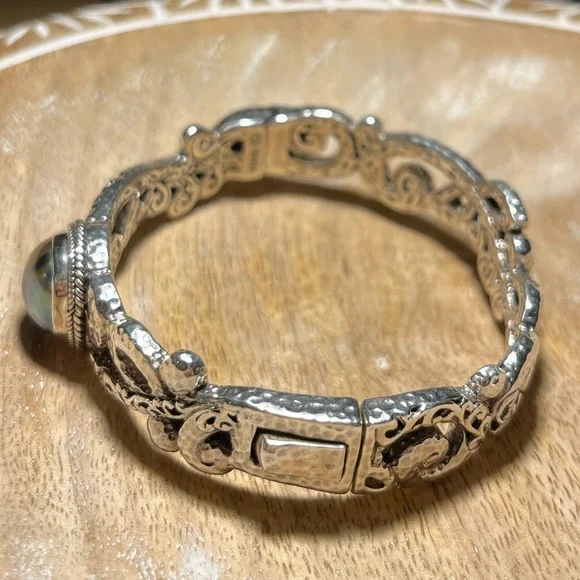 Sarda Blue Cultured Mabe Pearl Silver Tree Of Life Bangle Bracelet - Picture 7 of 16